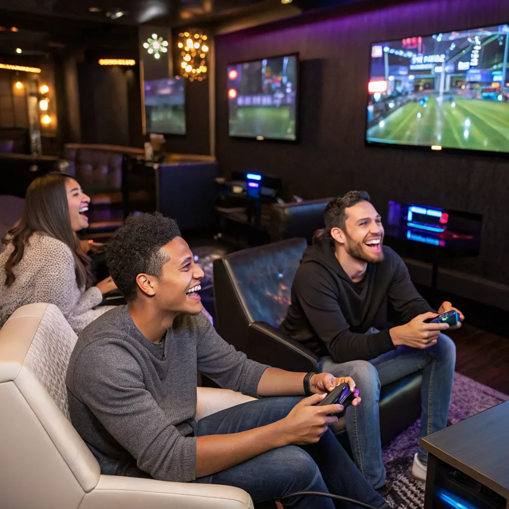 Friends enjoying games at a premium co-play lounge